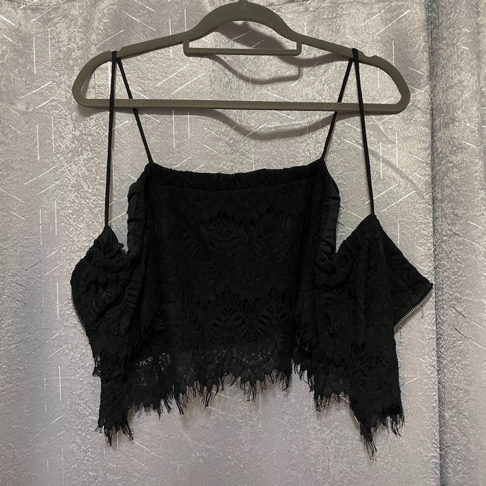 REVAMPED Black Lace Off-the-Shoulder Crop Top w Straps, Semi Sheer - Sz Medium